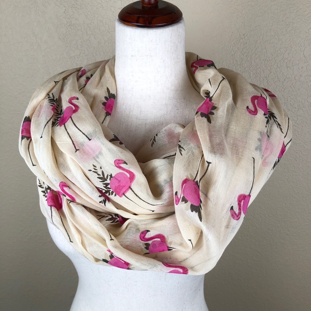 Lulla Collection by Bindya Cream & Pink Flamingo Infinity Scarf. Size- 38W x 40L